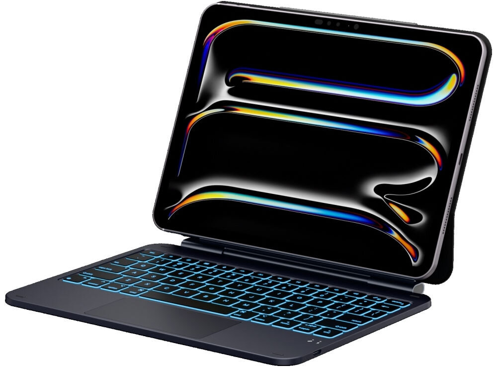 Etui na iPad Pro 11 cali TYPECASE Edge, Etui Typecase Edge z klawiaturą do iPada, touchpad, podświetlenie RGB, magnetyczne mocowanie, Otwarte etui z klawiaturą i magnetycznym uchwytem na tablet.