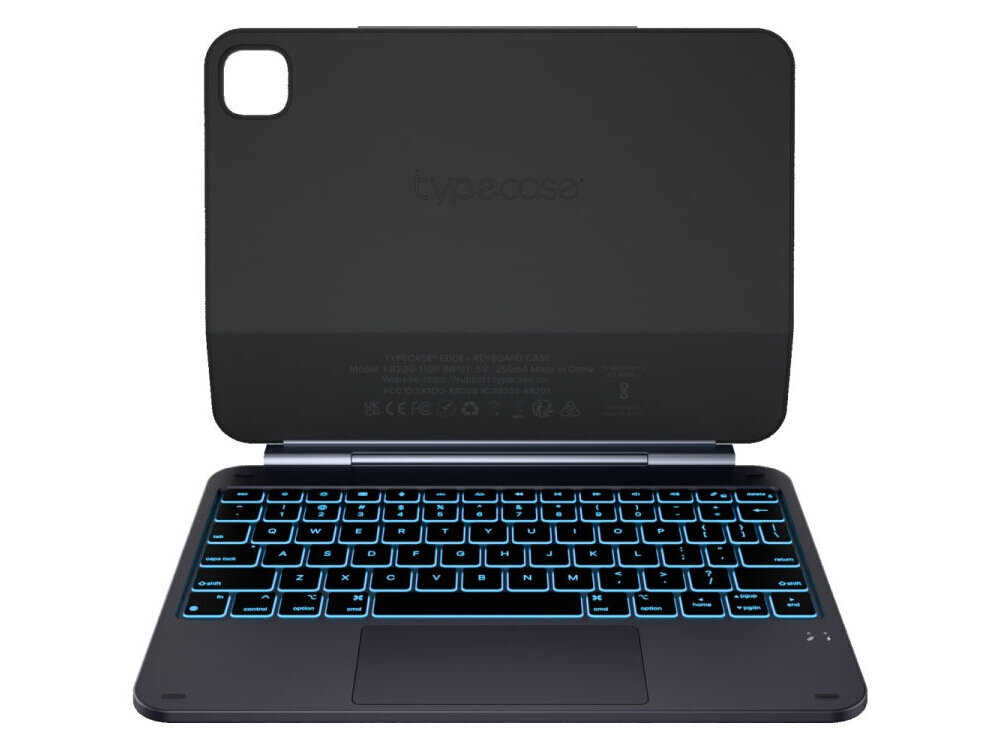 Etui na iPad Pro 11 cali TYPECASE Edge, Etui Typecase Edge z klawiaturą RGB, touchpad Multi-Touch, skróty iPadOS, wygodne pisanie, Widok z przodu na klawiaturę z touchpadem i podświetleniem.