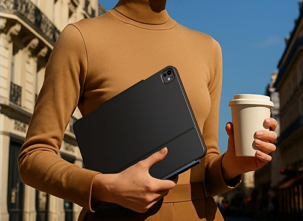 Etui na iPad Pro 11 cali TYPECASE Edge, Etui Typecase Edge, magnetyczne mocowanie, Bluetooth 5.0, ochrona iPada, solidna konstrukcja, Osoba niosąca zamknięte etui na tablet oraz kawę.
