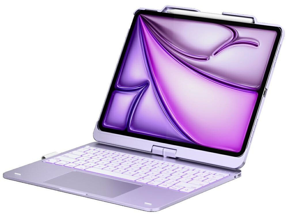Etui na iPad Air 13 cali TYPECASE Flexbook Touch, Etui Typecase Flexbook Touch z klawiaturą do iPada, obrót 360 stopni, duży touchpad, klawiatura RGB, Etui z klawiaturą i gładzikiem do tabletu, widok z przodu pod skosem.