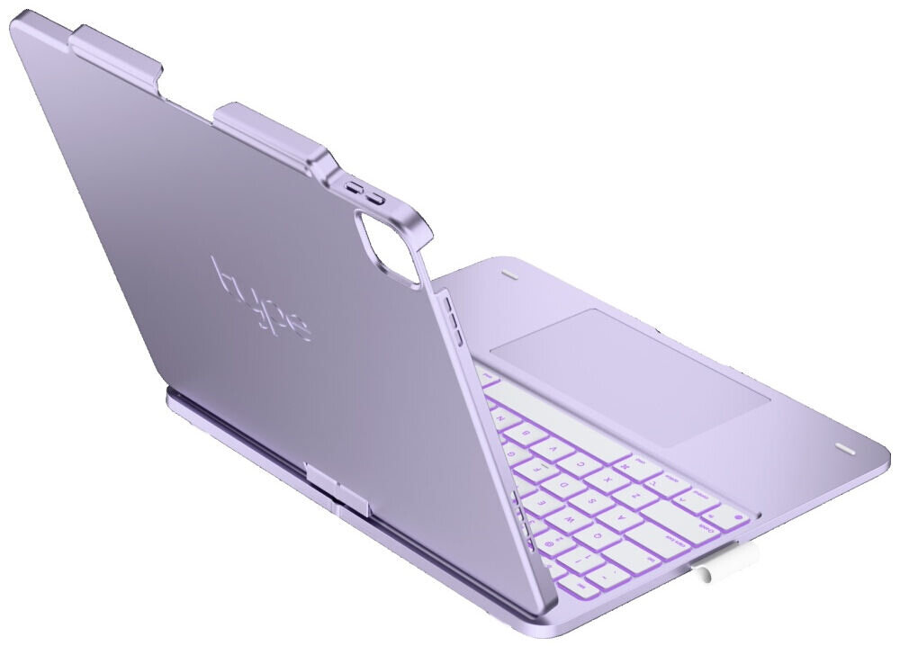 Etui na iPad Air 13 cali TYPECASE Flexbook Touch, Etui Typecase Flexbook Touch, klawiatura RGB, duży touchpad, gesty iPadOS, wygodne pisanie, Widok z tyłu na otwarte etui z klawiaturą oraz wycięciem na aparat.