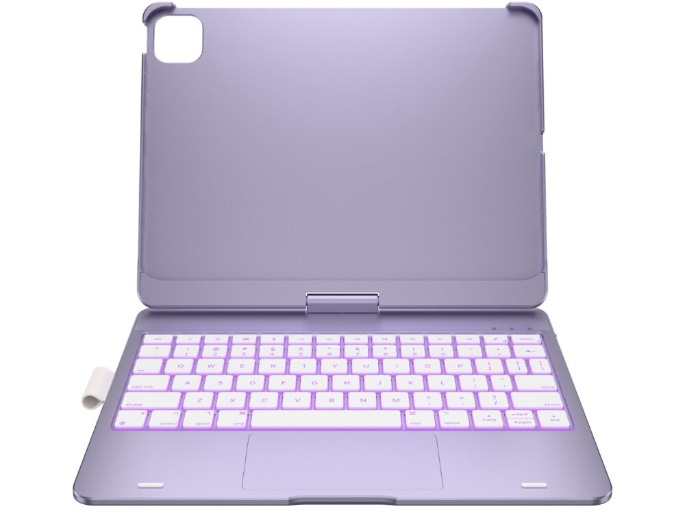 Jasnofioletowe etui na iPad Pro z wbudowaną klawiaturą, posiada wycięcie na aparat i miejsce na rysik. Klawiatura ma podświetlane klawisze w kolorze fioletowym.