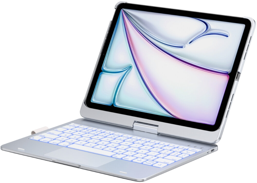 Na obrazie widoczny jest tablet w srebrnym etui z klawiaturą, z wyświetlaczem pokazującym abstrakcyjny wzór w pastelowych kolorach. Klawiatura jest podświetlana na biało.