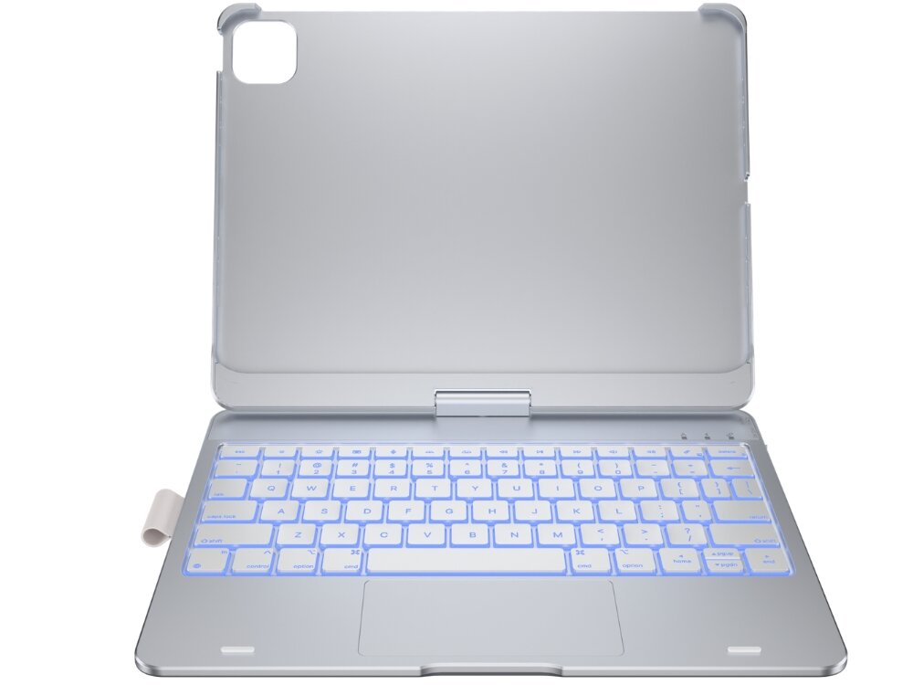 Srebrne etui z klawiaturą, przeznaczone na iPad Pro 11 cali, z podświetlanymi klawiszami. Etui posiada wycięcie na aparat i zawias umożliwiający regulację kąta nachylenia.