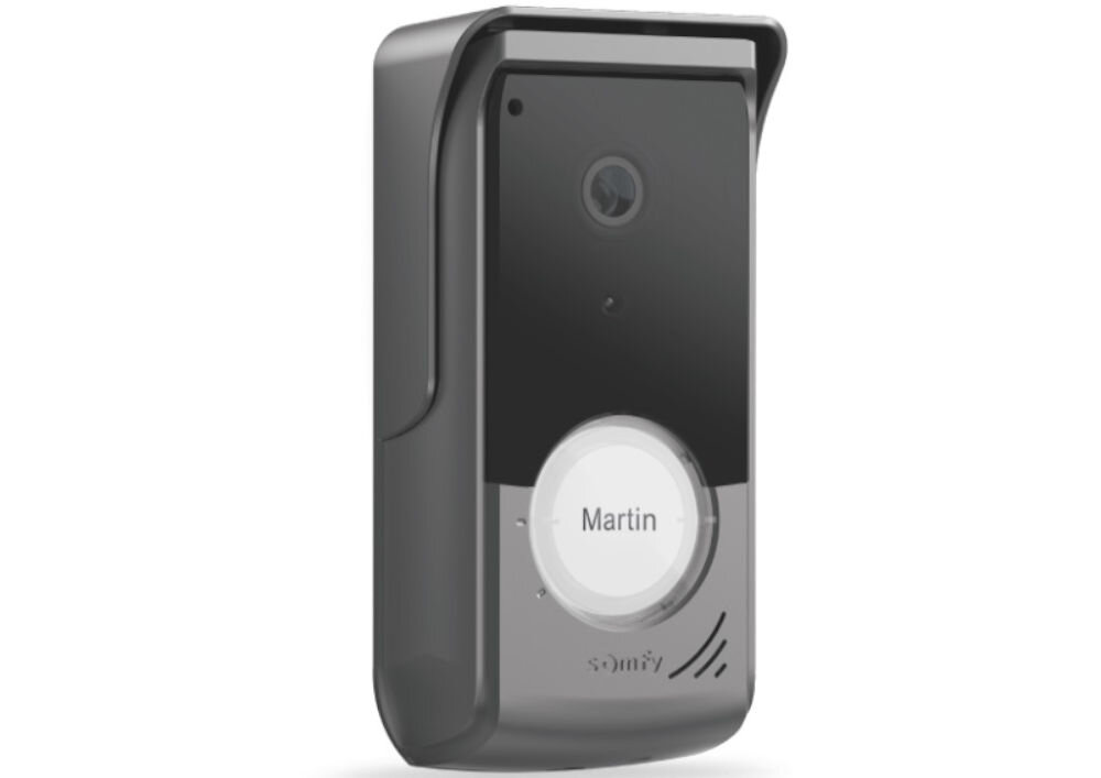 Zestaw wideodomofonowy SOMFY V350 Connect RTS Bezprzewodowy Wi-Fi, instalacja, obudowa, monitor, przewód, na białym tle panel zewnętrzny wideodomofonu piono frontem lewo skos