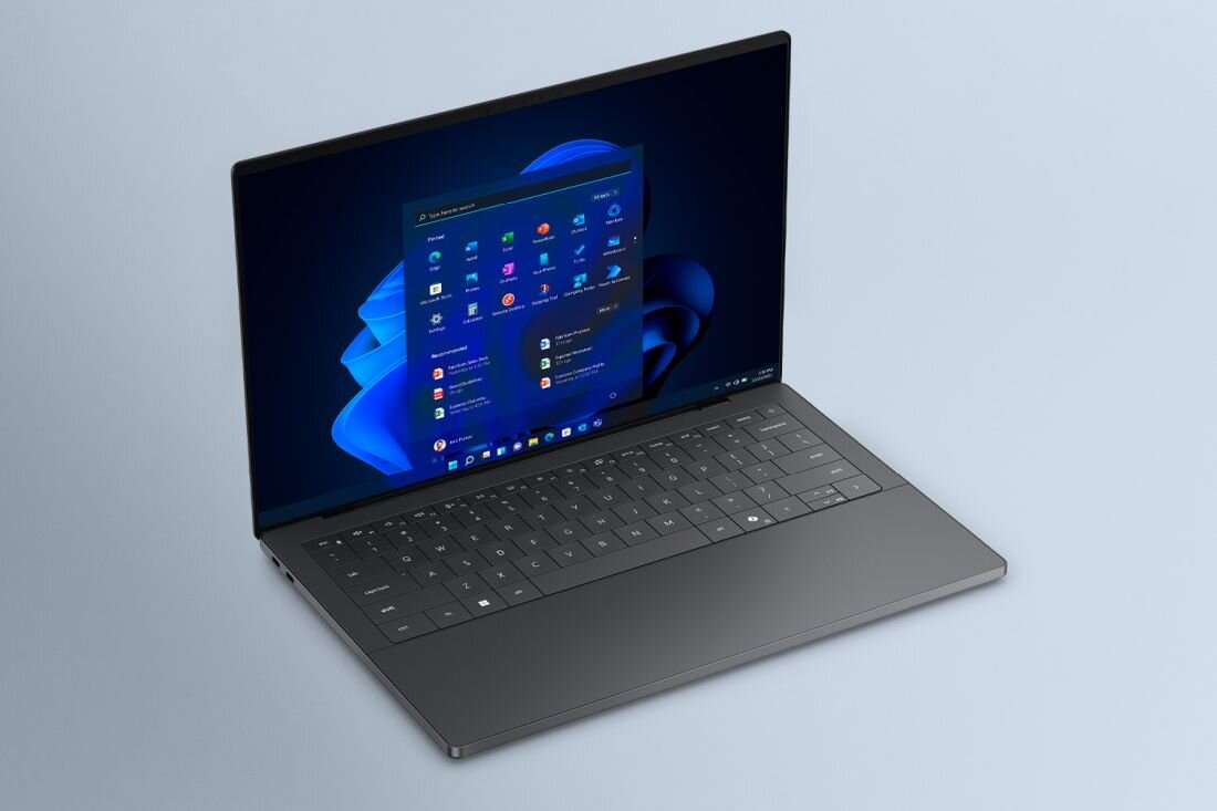 Laptop Dell XPS 14 z systemem Windows 11 wyświetla menu Start i aplikacje podczas codziennej pracy biurowej