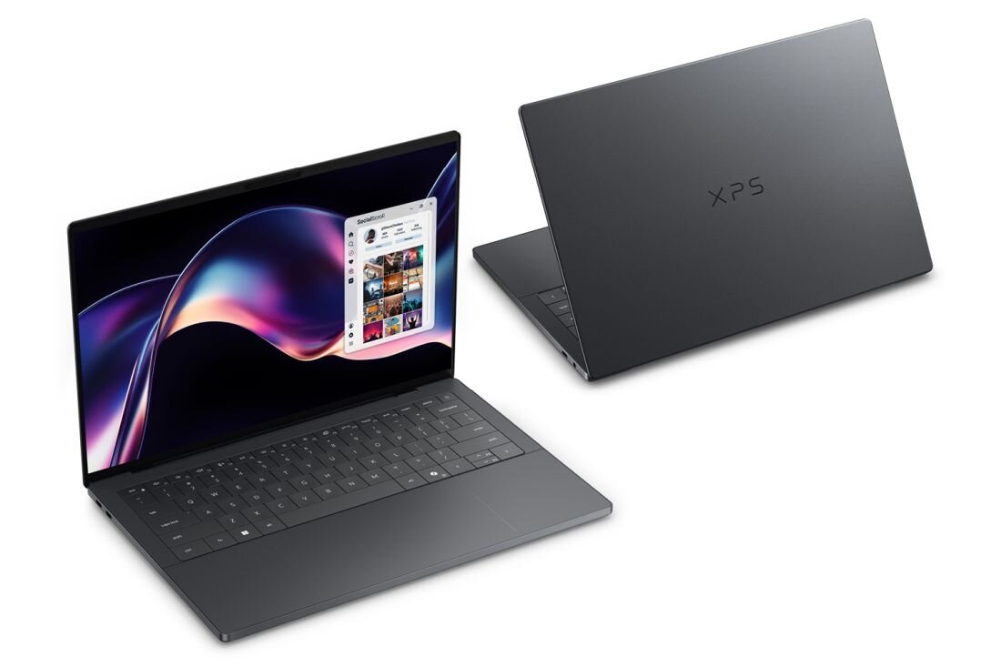 Laptop Dell XPS 14 prezentuje smukłą obudowę i ekran z aplikacją społecznościową na jasnym tle produktowym