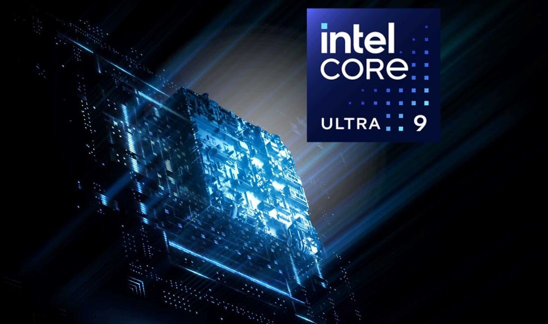 Obraz przedstawia grafikę procesora z efektem świetlnym oraz logo \'intel CORE ULTRA 9\'.