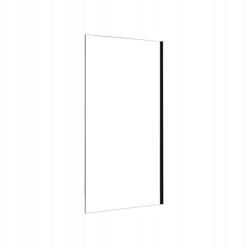 Przezroczysta ścianka prysznicowa z czarnym wspornikiem na jednym z boków. Produkt ma prostokątny kształt i minimalistyczny design.