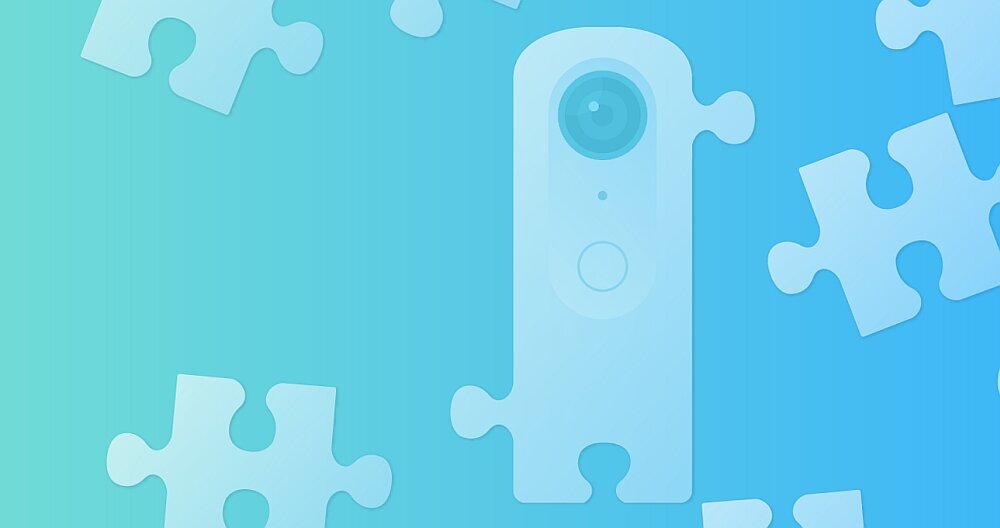 Na niebiesko-zielonym tle znajduje się zarys kamery sportowej oraz elementy układanki w kształcie puzzli. Kamera ma okrągły obiektyw i dwa przyciski poniżej.