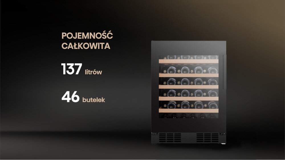 Obraz przedstawia chłodziarkę do wina z sześcioma półkami, na których znajdują się butelki. Obok widnieje tekst: \'POJEMNOŚĆ CAŁKOWITA 137 litrów 46 butelek\'.