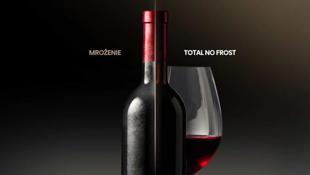 Obraz przedstawia butelkę wina z czerwonym korkiem oraz kieliszek z czerwonym winem. Po lewej stronie widnieje napis \'MROŻENIE\', a po prawej \'TOTAL NO FROST\'.