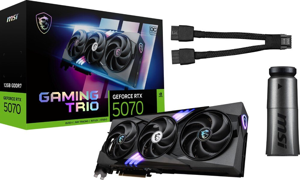 Na obrazie znajduje się karta graficzna z trzema wentylatorami oraz opakowanie z napisem \'GAMING TRIO GeForce RTX 5070\'. Widoczne są również dwa kable zasilające i element z logo MSI.