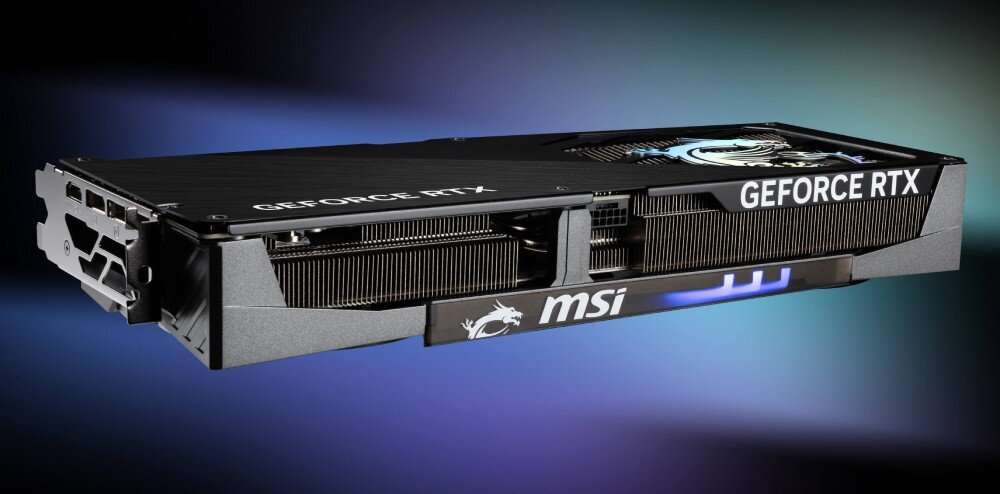 Karta graficzna z widocznymi napisami \'GEFORCE RTX\' i \'msi\' oraz podświetleniem. Obudowa jest ciemna z elementami metalicznymi i logo smoka.