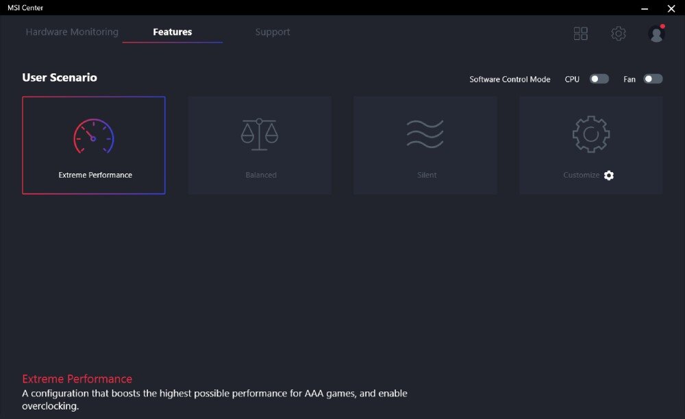 Interfejs oprogramowania MSI Center z zakładką \'Features\' i sekcją \'User Scenario\'. Wybrana opcja to \'Extreme Performance\', a poniżej znajduje się opis: \'A configuration that boosts the highest possible performance for AAA games, and enable overclocking.\'