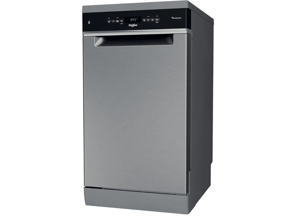 Zmywarka w kolorze inox z panelem sterowania na górze, na którym widoczne są przyciski i wyświetlacz. Logo Whirlpool znajduje się na froncie urządzenia.