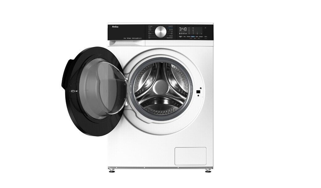 Pralka w kolorze białym z otwartymi drzwiami, widoczny bęben wewnętrzny. Na panelu sterowania znajduje się logo \'Amica\' oraz pokrętło i wyświetlacz cyfrowy.