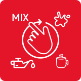 Czerwony kwadratowy symbol z białymi ikonami: ręka wskazująca strzałkę, plama, dzbanek z kroplą i filiżanka z parą. Tekst \'MIX\' znajduje się nad ręką.