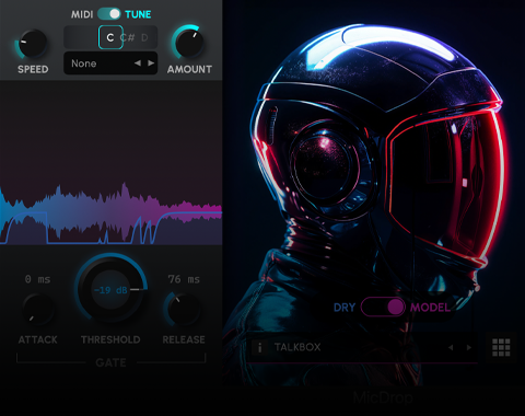 Obraz przedstawia interfejs oprogramowania z elementami sterującymi MIDI i TUNE oraz wykresem fal dźwiękowych. Po prawej stronie widoczna jest postać w futurystycznym hełmie z podświetleniem na czerwono i niebiesko.