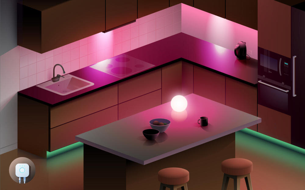 Kuchnia z nowoczesnym oświetleniem LED w kolorach różowym i zielonym, z widocznym zlewem, płytą grzewczą i lodówką. Na blacie wyspy kuchennej znajdują się miski, kubek i świecąca kula.