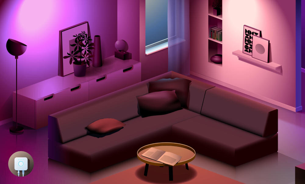 Wnętrze pokoju oświetlone różowym światłem z dużą sofą i stolikiem, na którym leży otwarta książka. W tle znajduje się szafka z dekoracjami i okno z zasłoną.