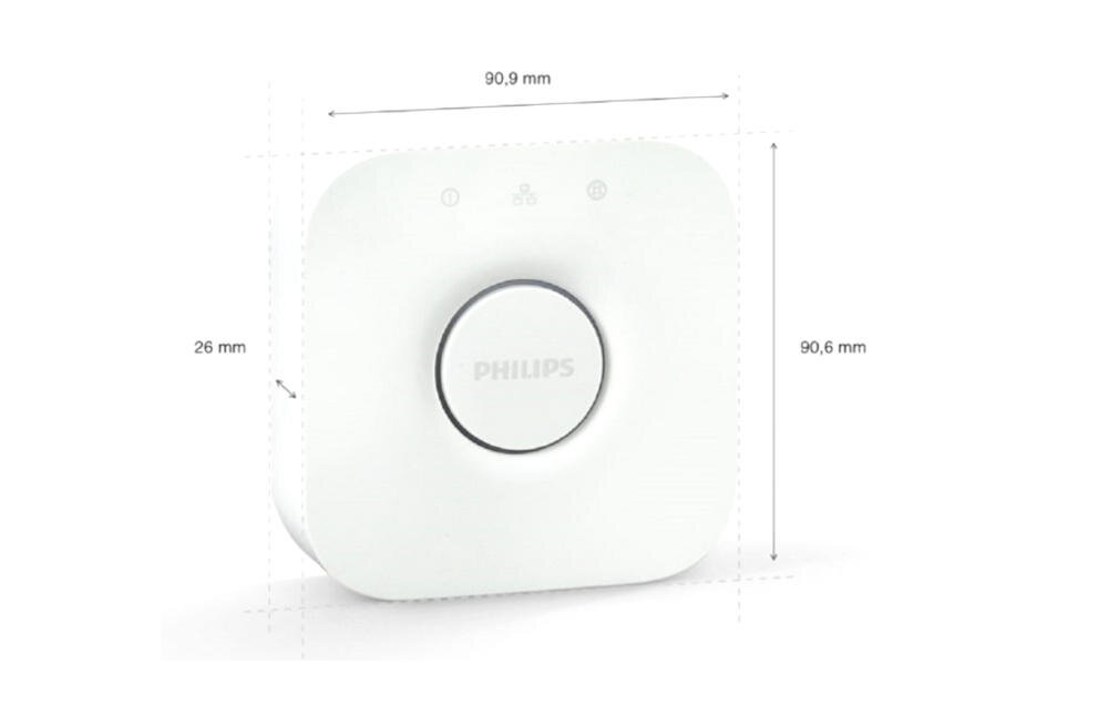 Biała bramka z logo PHILIPS na środku, o wymiarach 90,9 mm x 90,6 mm x 26 mm. Na górze widoczne są trzy ikony.