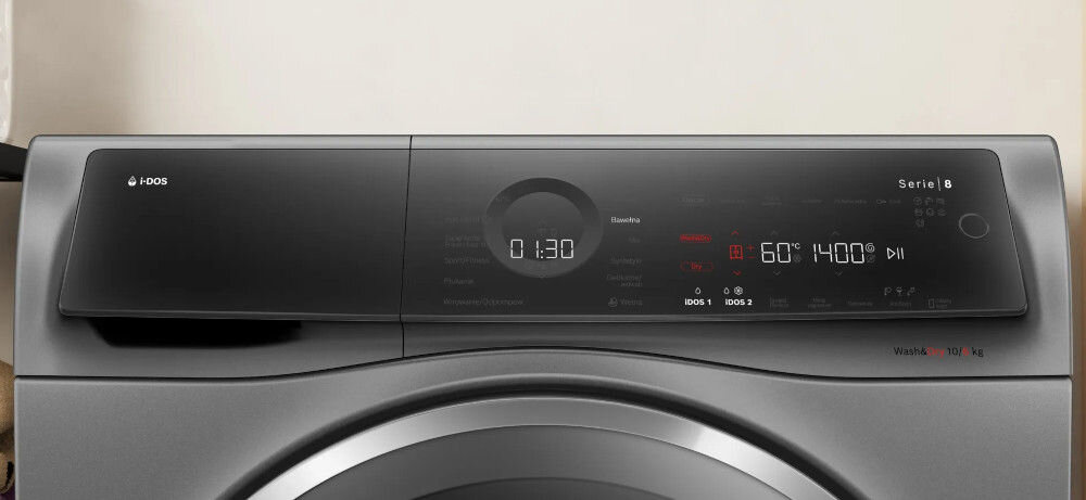 Panel sterowania pralko-suszarki z wyświetlaczem pokazującym czas 1:30, temperaturę 60°C i prędkość 1400 obrotów. Widoczne są napisy: \'i-DOS\', \'Serie 8\' oraz \'Wash & Dry 10/6 kg\'.