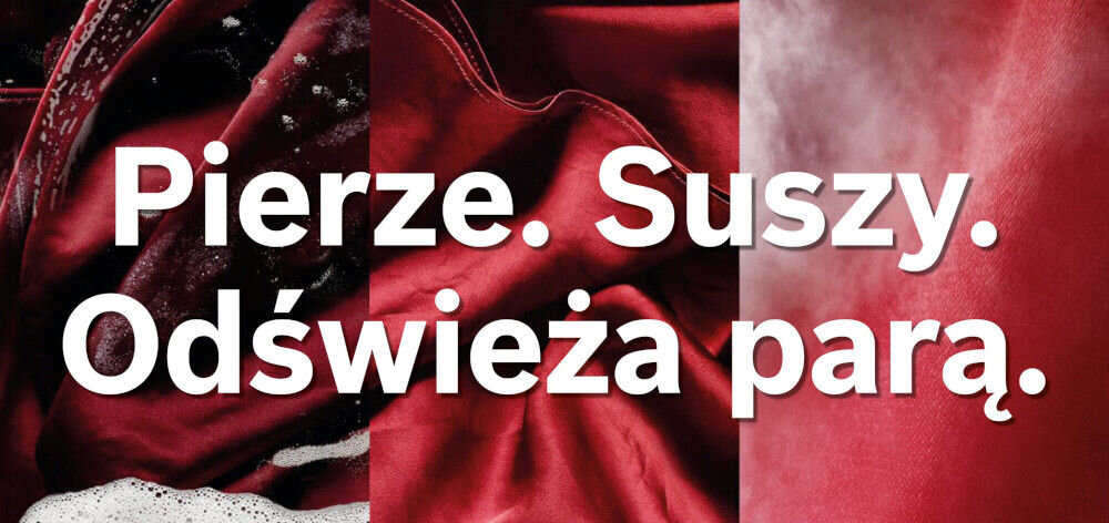 Obraz przedstawia czerwony materiał z trzema napisami: \'Pierze. Suszy. Odświeża parą.\'.