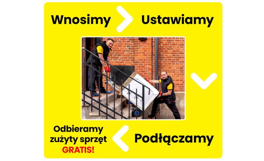 Dwóch mężczyzn wnosi pralko-suszarkę po schodach przed budynkiem z cegły. Na żółtym tle widnieje tekst: \'Wnosimy\', \'Ustawiamy\', \'Podłączamy\', \'Odbieramy zużyty sprzęt GRATIS!\'.