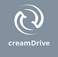 Szare tło z białym logo w kształcie okręgu i napisem \'creamDrive\'.
