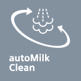 Ikona przedstawia symbol strzałek wokół kropelek wody z napisem \'autoMilk Clean\'.