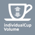 Ikona przedstawia biały kubek z szarą strzałką skierowaną w górę i w dół, na szarym tle. Pod kubkiem znajduje się tekst \'individualCup Volume\'.