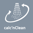Ikona przedstawia symbol prysznica z kroplami wody i strzałką wokół, z napisem \'calc\'nClean\' poniżej. Tło jest szare.