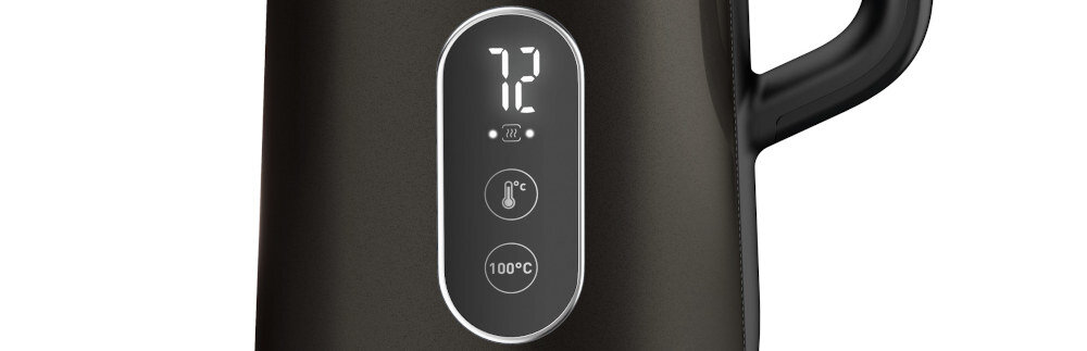 Czajnik elektryczny z wyświetlaczem pokazującym temperaturę 72°C oraz dwoma przyciskami oznaczonymi symbolami temperatury i 100°C.