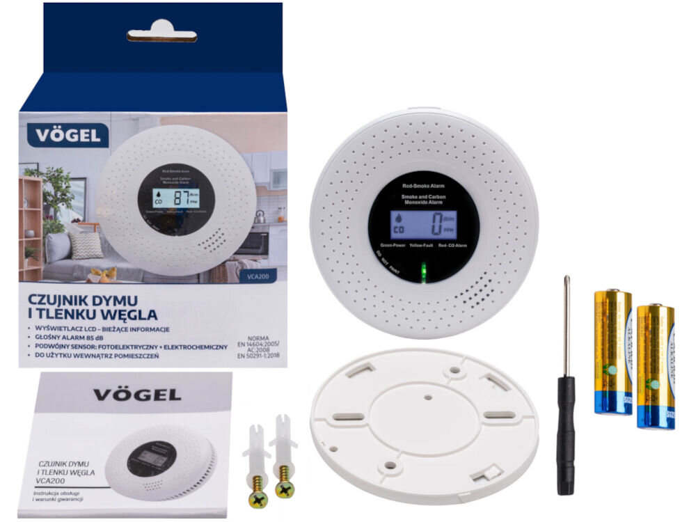 CZUJNIK DYMU I TLENKU WĘGLA VÖGEL VCA200 Kompletny zestaw czujnika dymu i tlenku węgla (czadu) VÖGEL VCA200. Zawartość: pudełko z informacjami (m.in. CZUJNIK DYMU I TLENKU WĘGLA, wyświetlacz LCD, norma EN 14604), okrągły czujnik z cyfrowym wyświetlaczem, płyta montażowa, instrukcja obsługi, dwa kołki i wkręty, mały śrubokręt oraz dwie baterie AA.