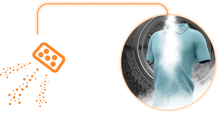 Grafika przedstawia niebieską koszulkę w bębnie suszarki, z której wydobywa się para. Obok znajduje się schematyczny rysunek z ikoną kostki i pomarańczowymi liniami, a także tekst w języku polskim, który jest nieczytelny.