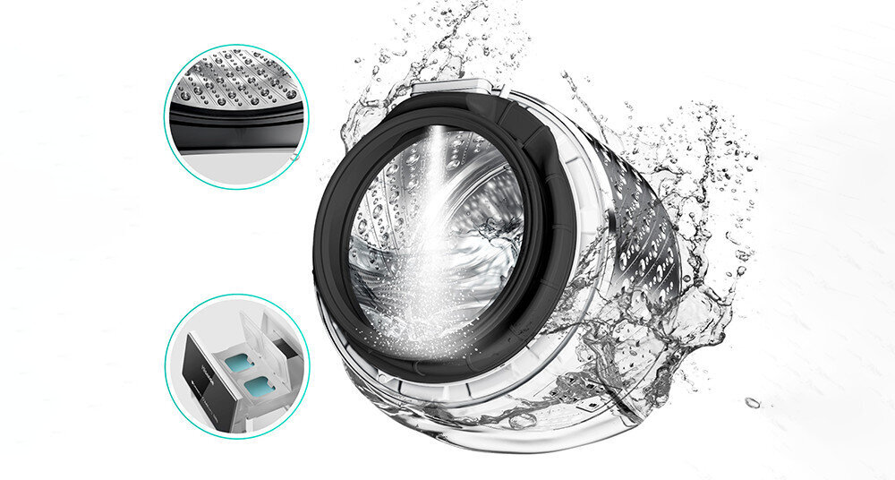 Obraz przedstawia bęben pralki z wodą rozpryskującą się wokół niego. Widać również dwa zbliżenia: jedno na otwory bębna, drugie na pojemnik na detergent.
