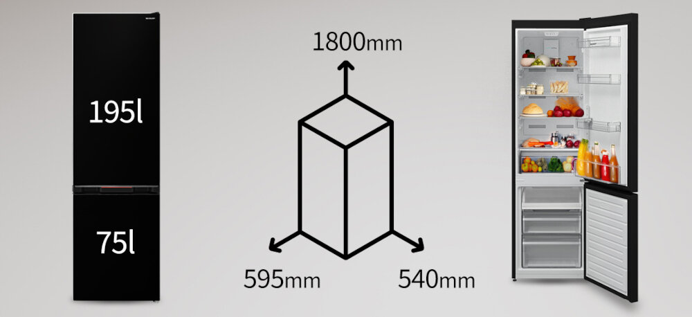 Obraz przedstawia czarną lodówkę z oznaczeniami pojemności: 195l i 75l. Obok znajduje się schemat z wymiarami: 1800mm wysokości, 595mm szerokości i 540mm głębokości oraz otwarta lodówka z widocznymi produktami spożywczymi.