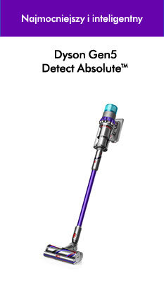 Na obrazie widoczny jest odkurzacz pionowy z fioletowym korpusem i niebieskim elementem na górze. Na górze obrazu znajduje się tekst: \'Najmocniejszy i inteligentny Dyson Gen5 Detect Absolute™\'.