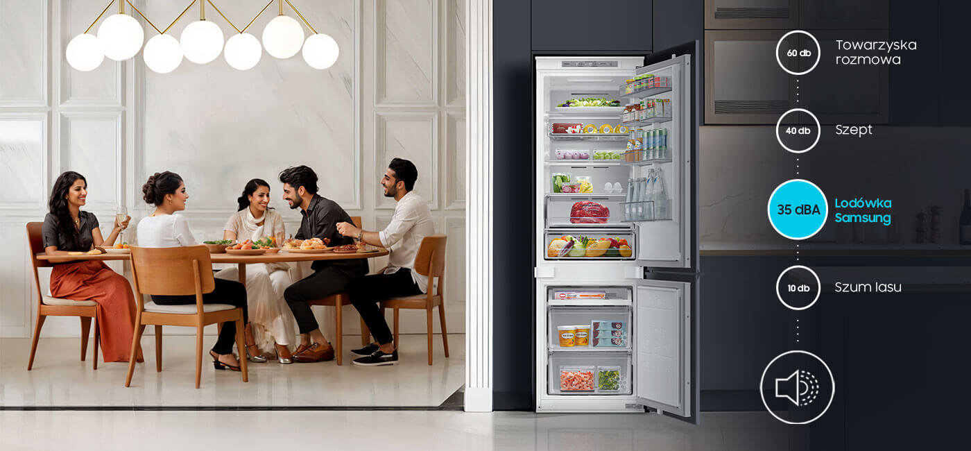 cicho działająca chłodziarko-zamrażarka brb80f26acs0eo Obraz przedstawia otwartą lodówkę z różnymi produktami spożywczymi oraz grupę osób siedzących przy stole. Obok lodówki znajduje się grafika z poziomami hałasu, gdzie \'Lodówka Samsung\' oznaczona jest jako 35 dBA.
