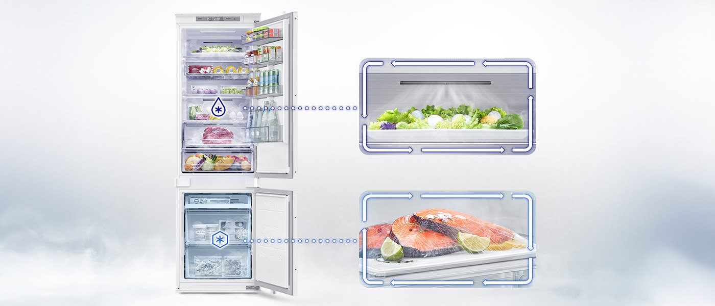 w lodówce brb80f26acs0eo działają dwa niezależne obiegi powietrza Obraz przedstawia otwartą lodówkę z widocznymi półkami wypełnionymi jedzeniem i napojami. Obok lodówki znajdują się dwa powiększone fragmenty pokazujące wnętrze z warzywami i rybą na talerzu z limonkami.