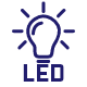 Ikona przedstawia żarówkę z napisem \'LED\' poniżej. Żarówka jest w kolorze granatowym na przezroczystym tle.
