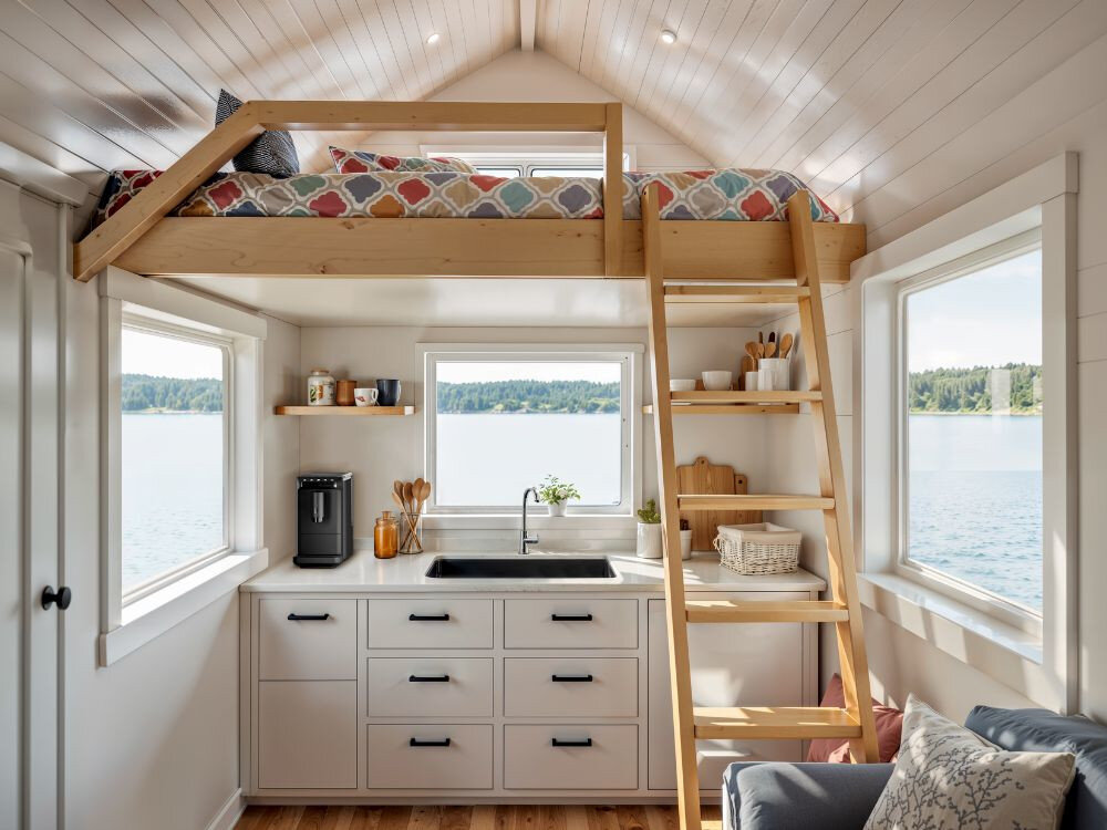 Wnętrze małego domu z aneksem kuchennym, w którym znajduje się czarny ekspres do kawy na blacie obok zlewu. Nad kuchnią znajduje się antresola z łóżkiem, a przez duże okna widać widok na jezioro.