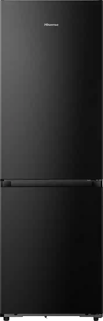 Czarna lodówka z dolnym zamrażalnikiem, na drzwiach widoczne logo \'Hisense\'.