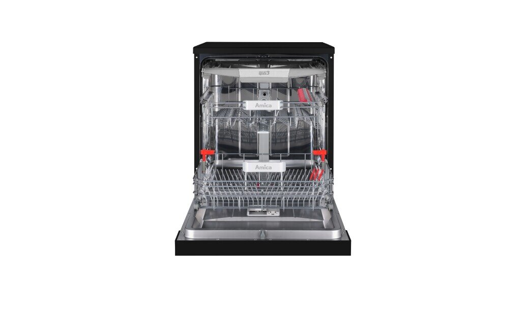 Otwarta zmywarka z widocznymi trzema poziomami koszy na naczynia, z napisem \'Amica\' na każdym z nich. Wewnątrz znajdują się różne przegródki i uchwyty na sztućce oraz naczynia.
