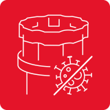 Czerwony kwadrat z białą linią przedstawiającą filtr i przekreślony symbol wirusa.