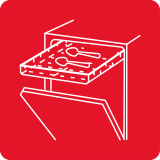 Czerwona ikona przedstawiająca schemat zmywarki z otwartą szufladą na sztućce.