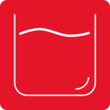 Czerwony kwadrat z białą ikoną przedstawiającą falującą linię nad prostokątem, przypominającą symbol wody w pojemniku.