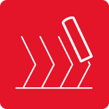 Czerwony kwadrat z białym symbolem przedstawiającym trzy strzałki skierowane w dół oraz prostokąt w górnej części, sugerujący ruch. Brak tekstu.