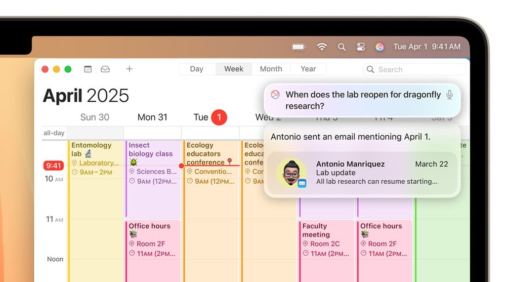 Na ekranie laptopa widoczny jest kalendarz z miesiącem kwiecień 2025 oraz powiadomienie z pytaniem \'When does the lab reopen for dragonfly research?\'.